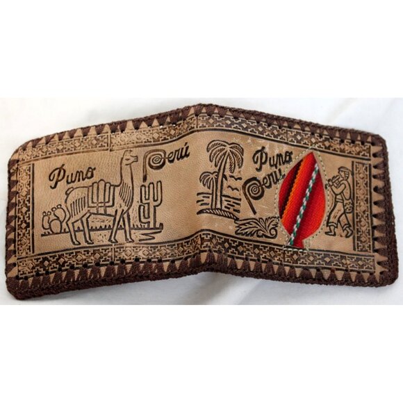 Peruvian Peru Folding Leather Wallet Tooled Llama Hand Stitched Men Teen Native - Picture 3 of 5